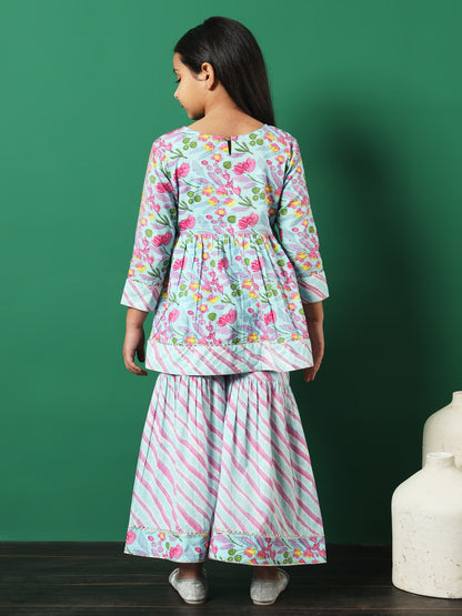 Frock Style Cotton Fabric Turquoise Blue Color Printed Kurti And Sharara With Gotta Lace Work
