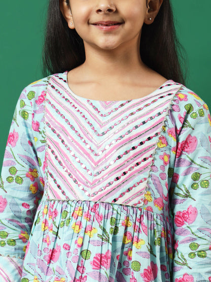 Frock Style Cotton Fabric Turquoise Blue Color Printed Kurti And Sharara With Gotta Lace Work