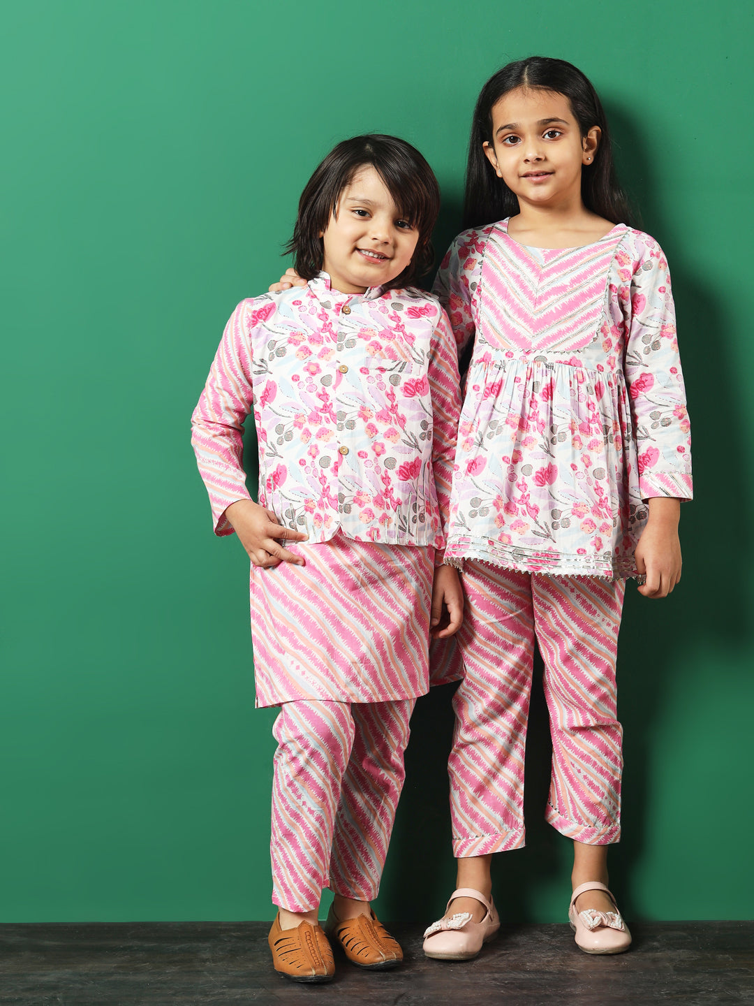 Frock Style Cotton Fabric Pink Color Printed Kurti And Palazzo With Gotta Lace Work