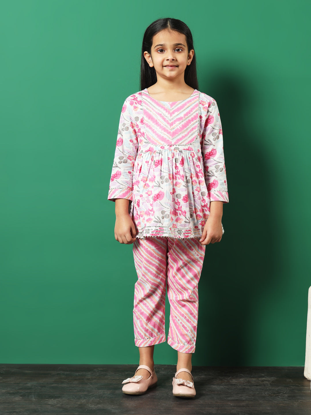 Frock Style Cotton Fabric Pink Color Printed Kurti And Palazzo With Gotta Lace Work