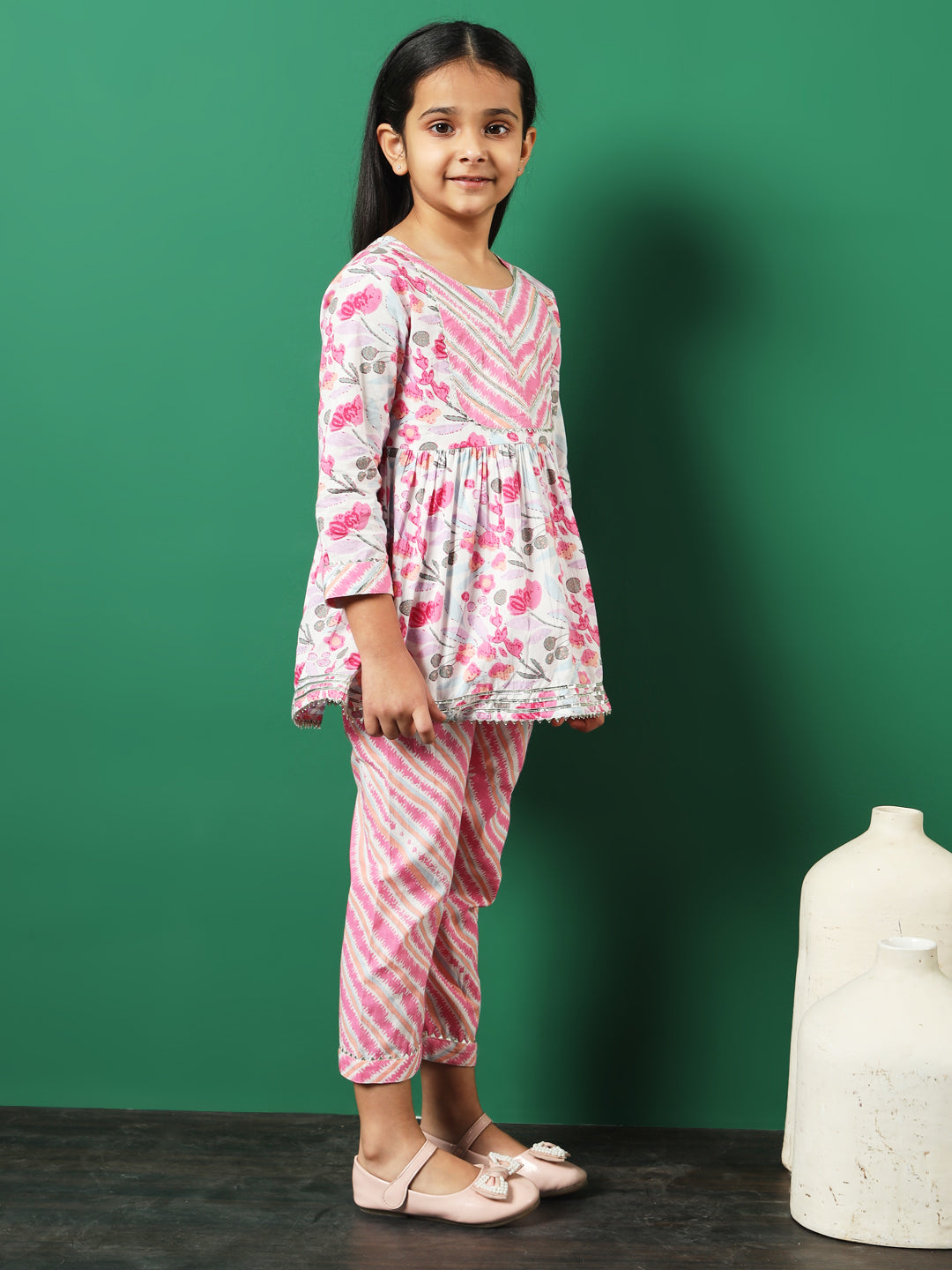 Frock Style Cotton Fabric Pink Color Printed Kurti And Palazzo With Gotta Lace Work