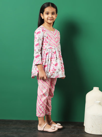 Frock Style Cotton Fabric Pink Color Printed Kurti And Palazzo With Gotta Lace Work