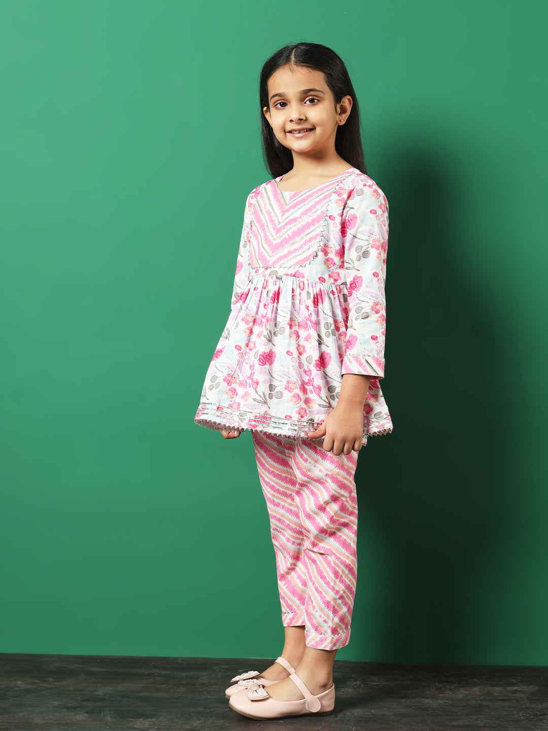 Frock Style Cotton Fabric Pink Color Printed Kurti And Palazzo With Gotta Lace Work