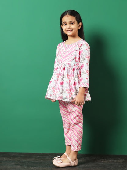 Frock Style Cotton Fabric Pink Color Printed Kurti And Palazzo With Gotta Lace Work