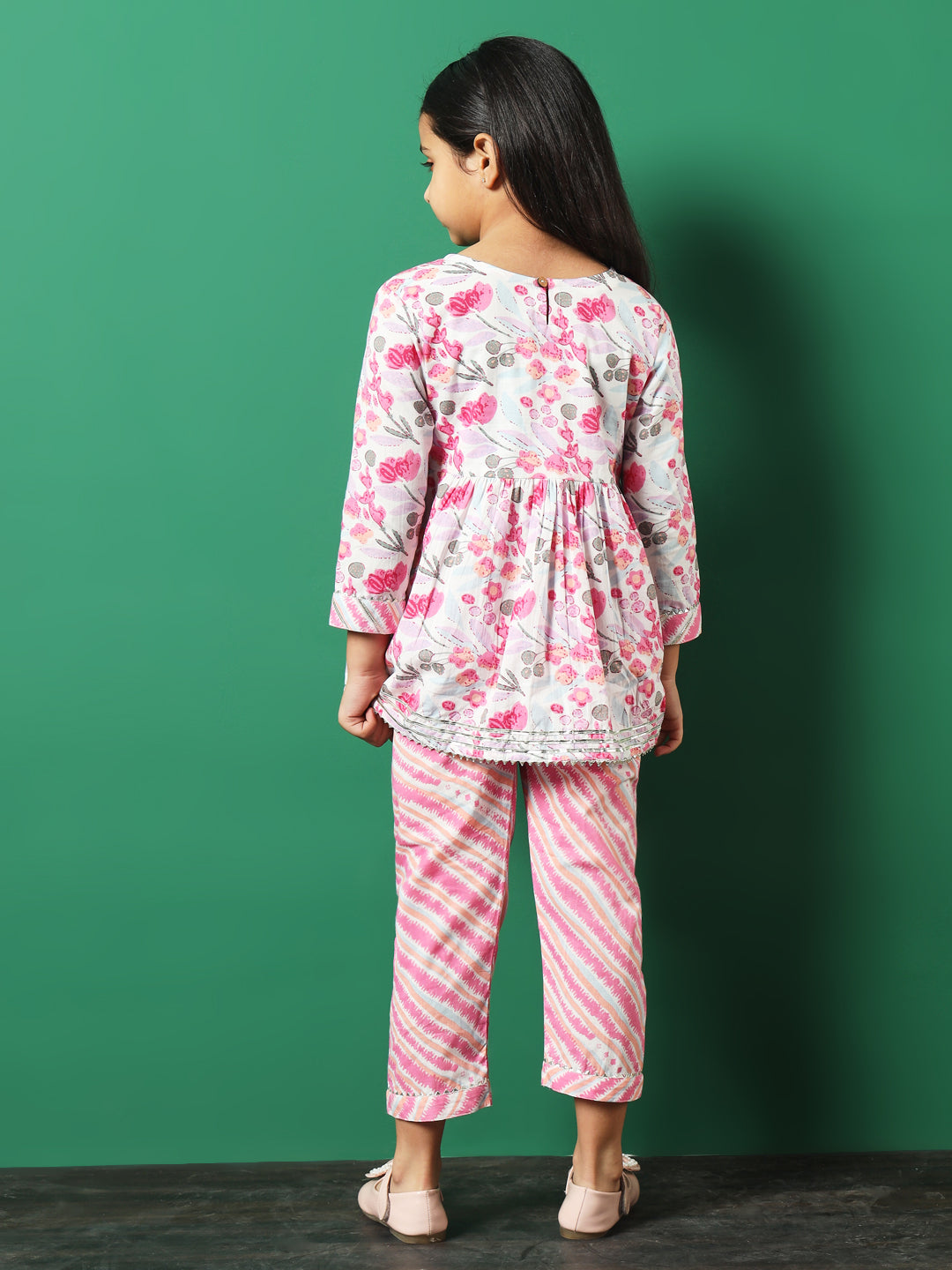 Frock Style Cotton Fabric Pink Color Printed Kurti And Palazzo With Gotta Lace Work
