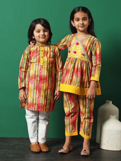 Frock Style Cotton Fabric Yellow Color Printed Kurti And Palazzo With Gotta Lace Work