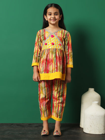 Frock Style Cotton Fabric Yellow Color Printed Kurti And Palazzo With Gotta Lace Work