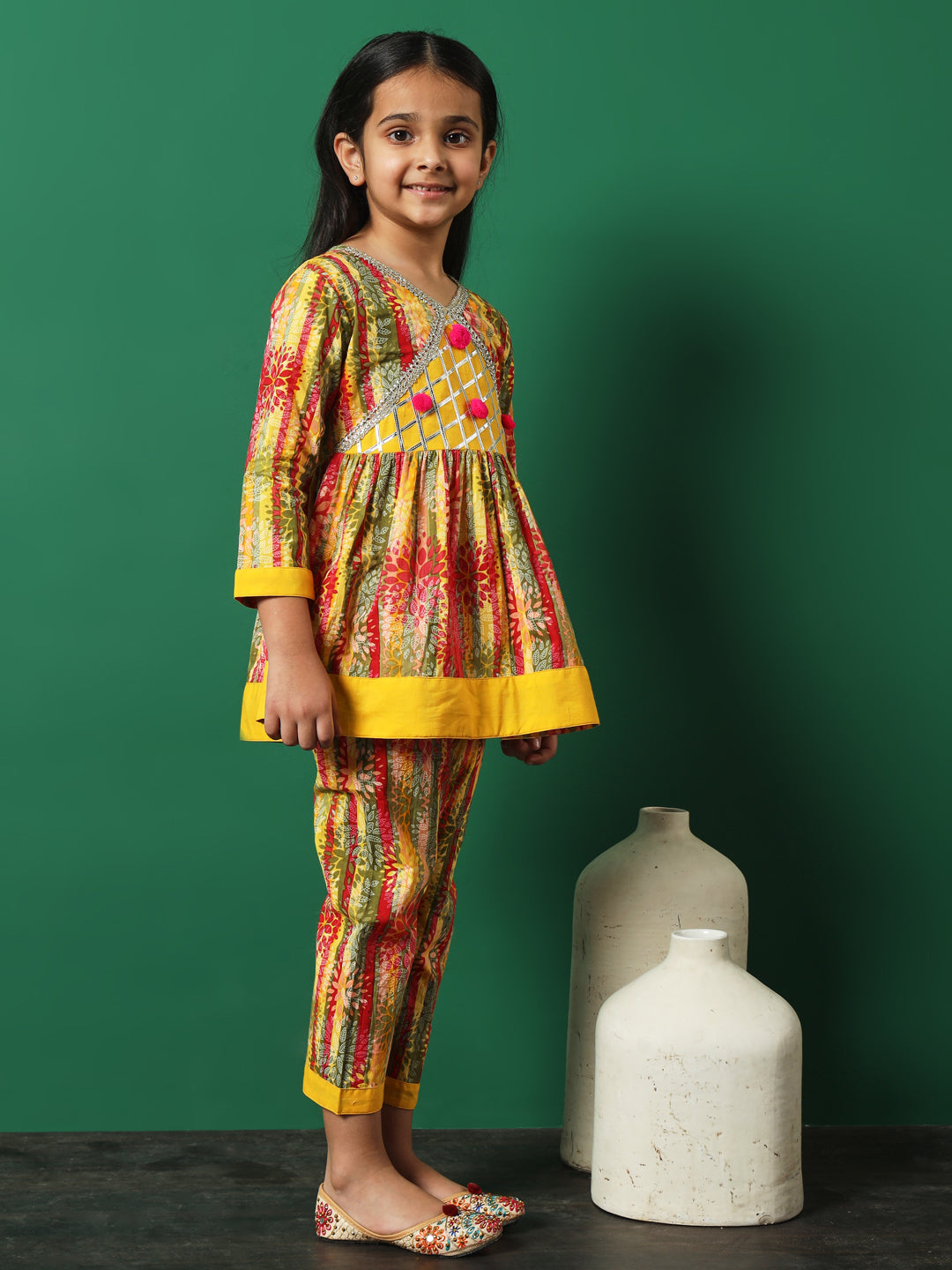 Frock Style Cotton Fabric Yellow Color Printed Kurti And Palazzo With Gotta Lace Work