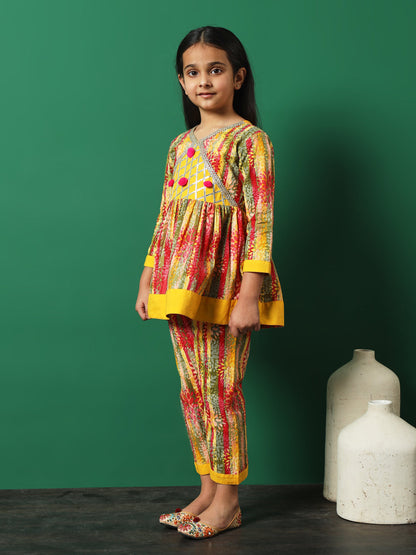 Frock Style Cotton Fabric Yellow Color Printed Kurti And Palazzo With Gotta Lace Work