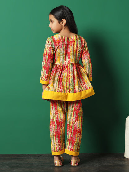 Frock Style Cotton Fabric Yellow Color Printed Kurti And Palazzo With Gotta Lace Work
