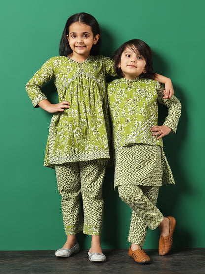 Anarkali Style Cotton Fabric Green Color Floral Printed Kurti And Palazzo With Gotta Lace Work