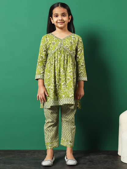 Anarkali Style Cotton Fabric Green Color Floral Printed Kurti And Palazzo With Gotta Lace Work