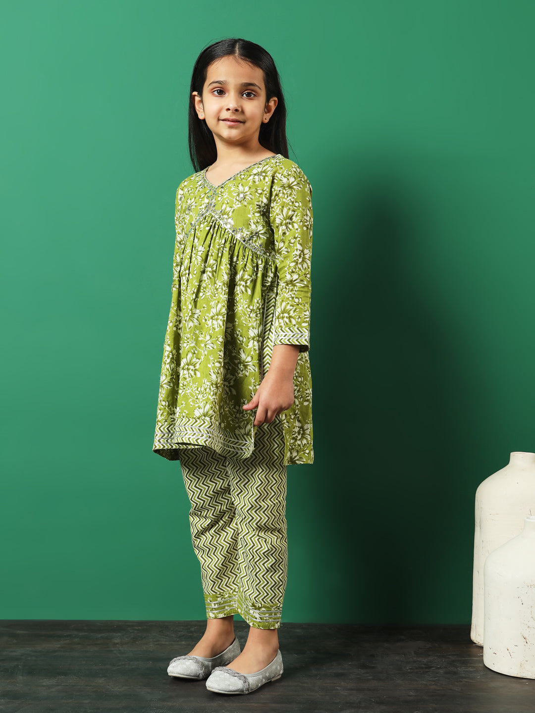 Anarkali Style Cotton Fabric Green Color Floral Printed Kurti And Palazzo With Gotta Lace Work