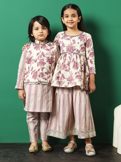 Frock Style Cotton Fabric Mauve Color Printed Kurti And Sharara With Gotta Lace Work
