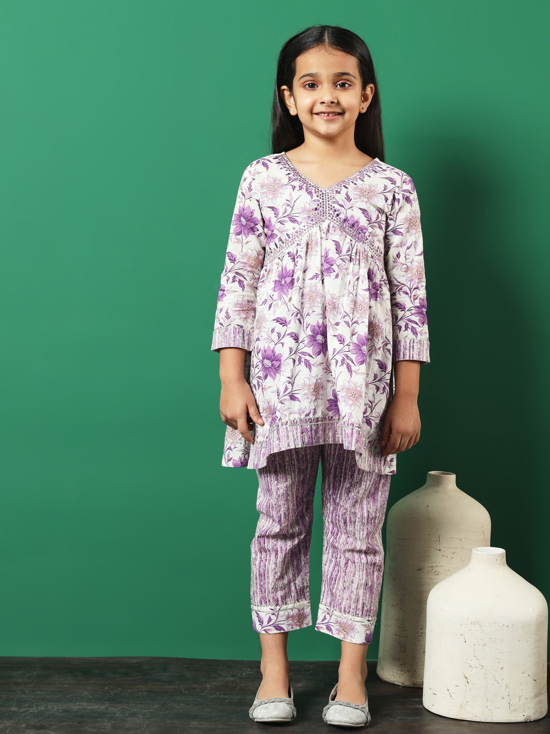 Frock Style Cotton Fabric Purple Color Floral Printed Kurti And Palazzo With Gotta Lace Work