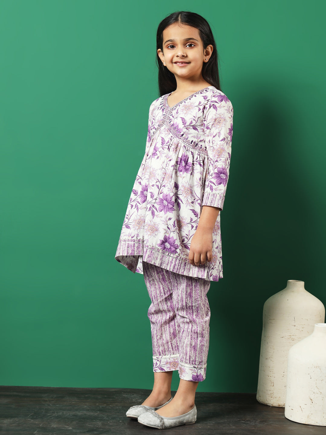 Frock Style Cotton Fabric Purple Color Floral Printed Kurti And Palazzo With Gotta Lace Work