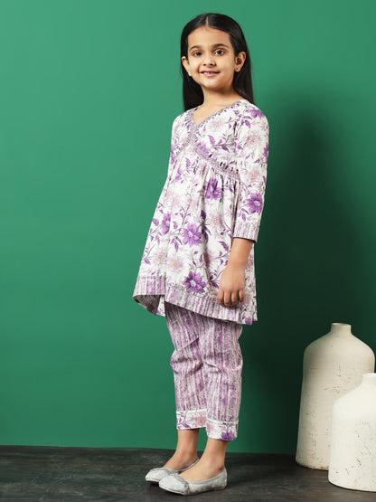 Frock Style Cotton Fabric Purple Color Floral Printed Kurti And Palazzo With Gotta Lace Work