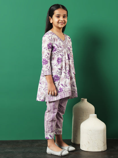 Frock Style Cotton Fabric Purple Color Floral Printed Kurti And Palazzo With Gotta Lace Work