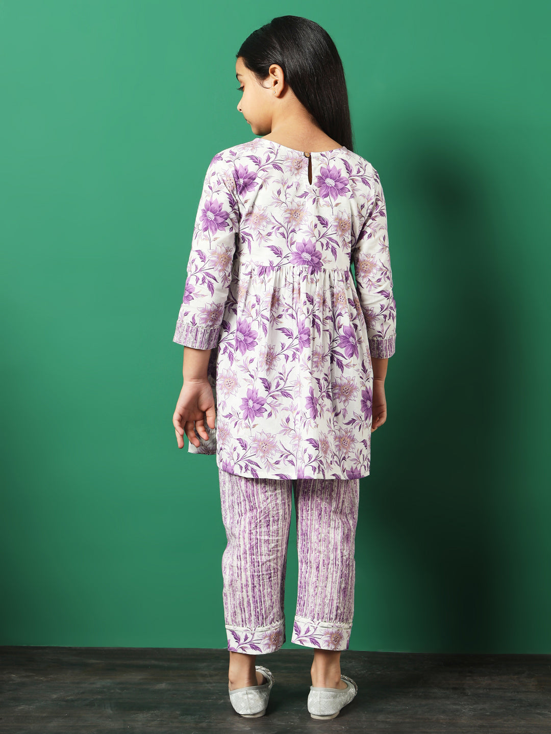 Frock Style Cotton Fabric Purple Color Floral Printed Kurti And Palazzo With Gotta Lace Work
