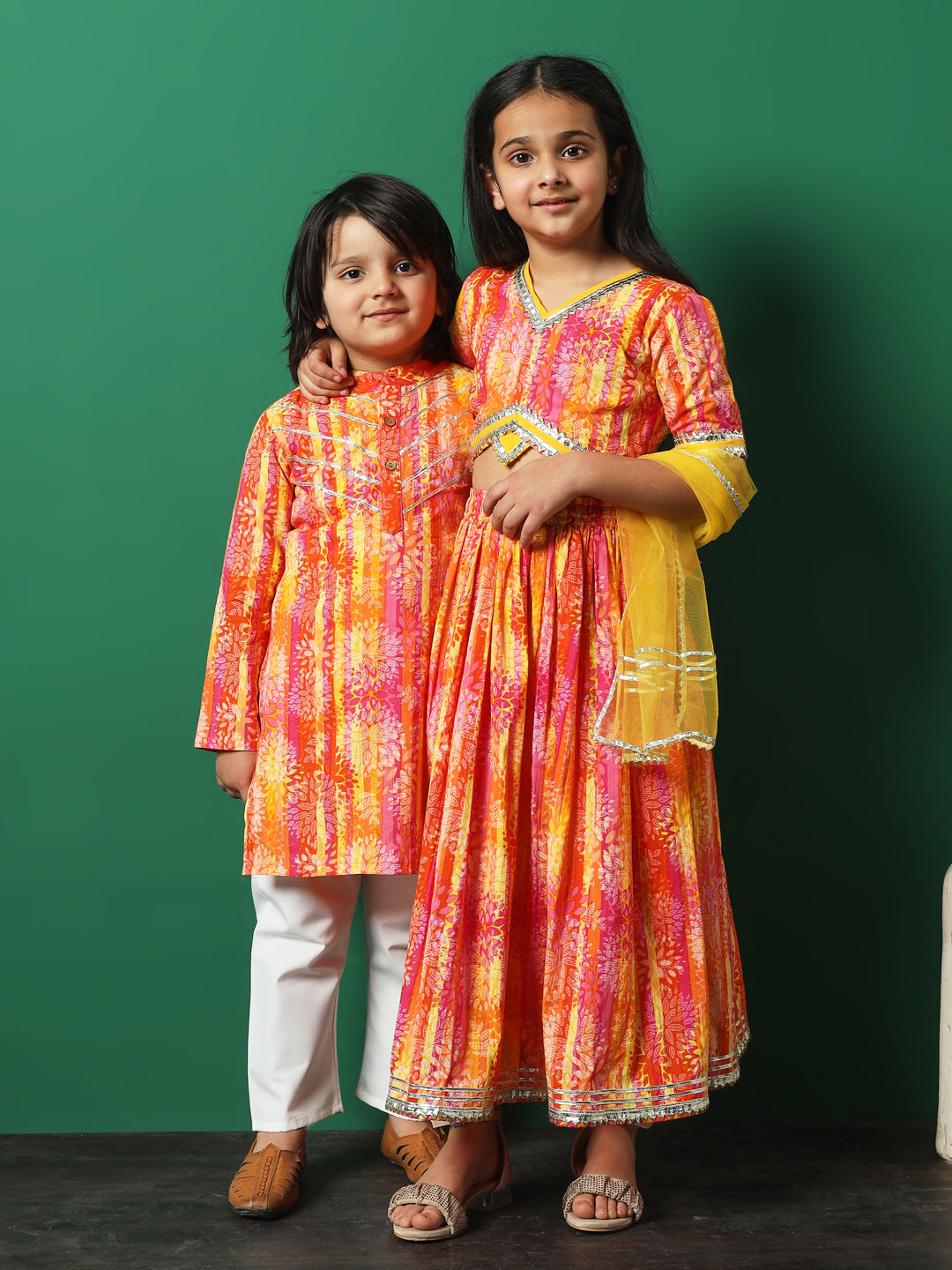 Boy Straight Style Cotton Fabric Orange Color Printed Kurta And Pajama