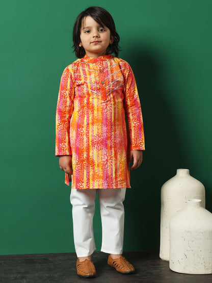 Boy Straight Style Cotton Fabric Orange Color Printed Kurta And Pajama