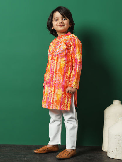 Boy Straight Style Cotton Fabric Orange Color Printed Kurta And Pajama
