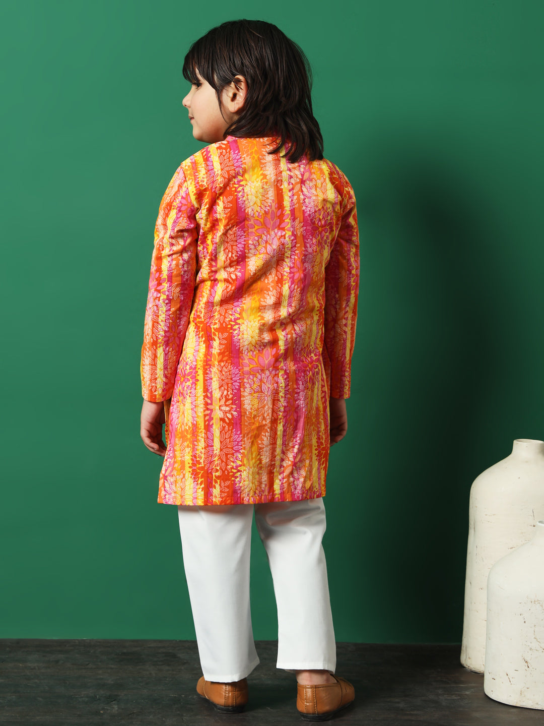 Boy Straight Style Cotton Fabric Orange Color Printed Kurta And Pajama