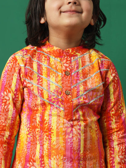 Boy Straight Style Cotton Fabric Orange Color Printed Kurta And Pajama