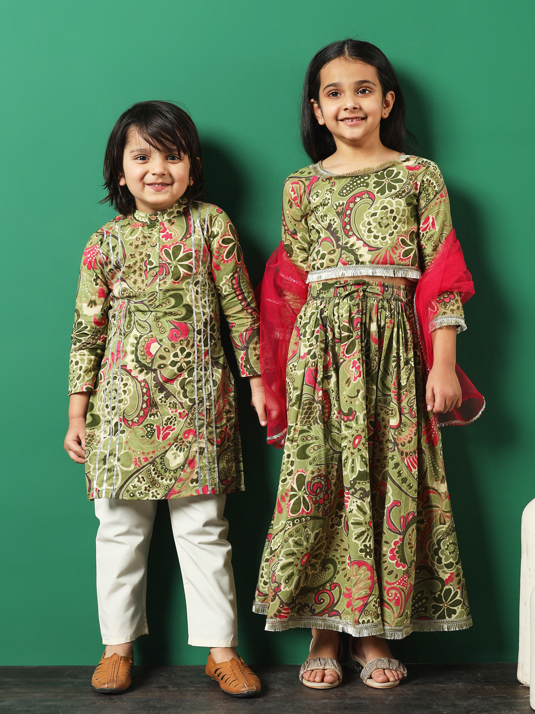 Boy Straight Style Cotton Fabric Green Color Printed Kurta And Pajama