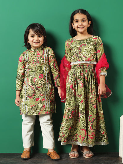 Boy Straight Style Cotton Fabric Green Color Printed Kurta And Pajama