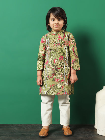Boy Straight Style Cotton Fabric Green Color Printed Kurta And Pajama