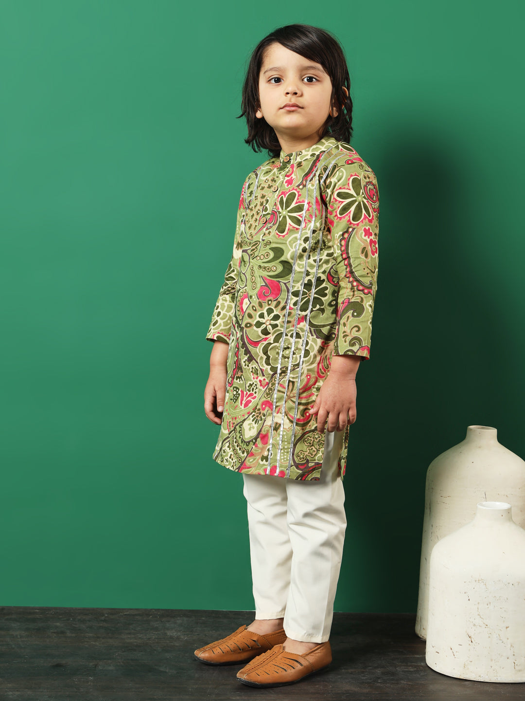 Boy Straight Style Cotton Fabric Green Color Printed Kurta And Pajama