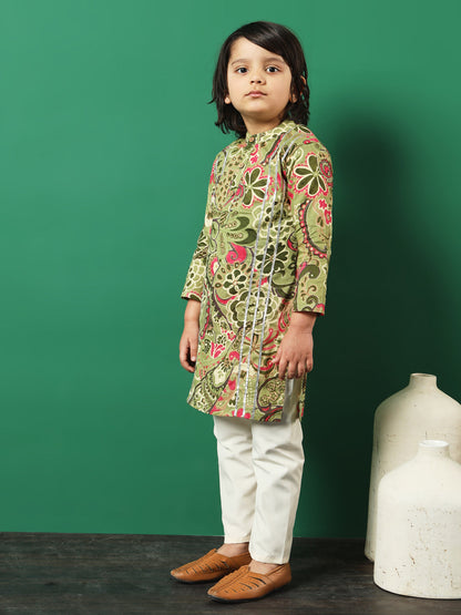Boy Straight Style Cotton Fabric Green Color Printed Kurta And Pajama