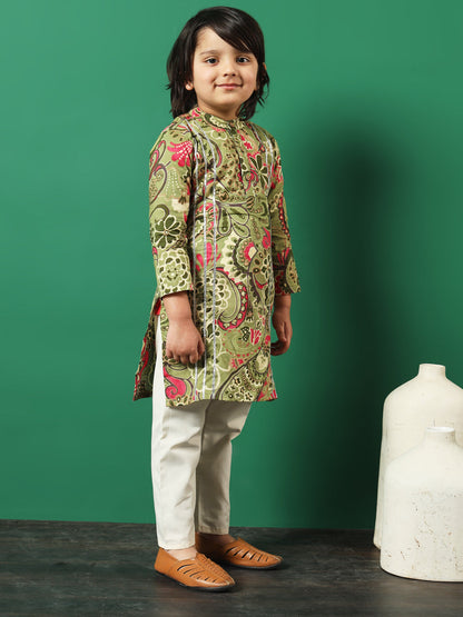 Boy Straight Style Cotton Fabric Green Color Printed Kurta And Pajama