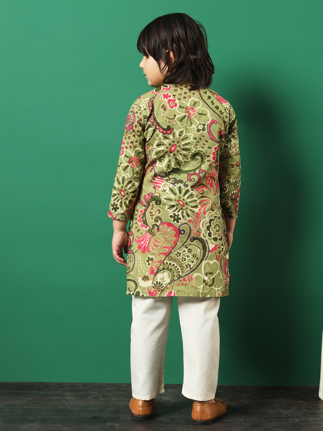 Boy Straight Style Cotton Fabric Green Color Printed Kurta And Pajama