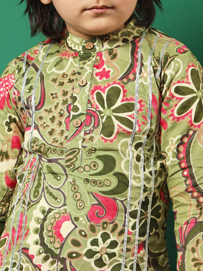 Boy Straight Style Cotton Fabric Green Color Printed Kurta And Pajama