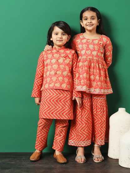Straight Style Cotton Fabric Peach Color Printed Kurta And Pajama With Jacket