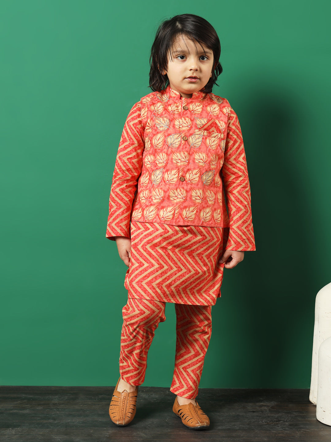 Straight Style Cotton Fabric Peach Color Printed Kurta And Pajama With Jacket