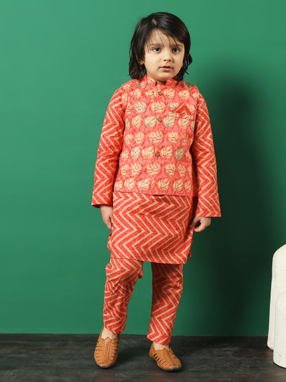 Straight Style Cotton Fabric Peach Color Printed Kurta And Pajama With Jacket
