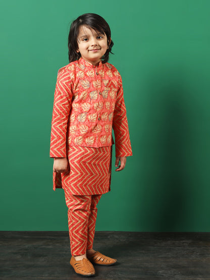 Straight Style Cotton Fabric Peach Color Printed Kurta And Pajama With Jacket