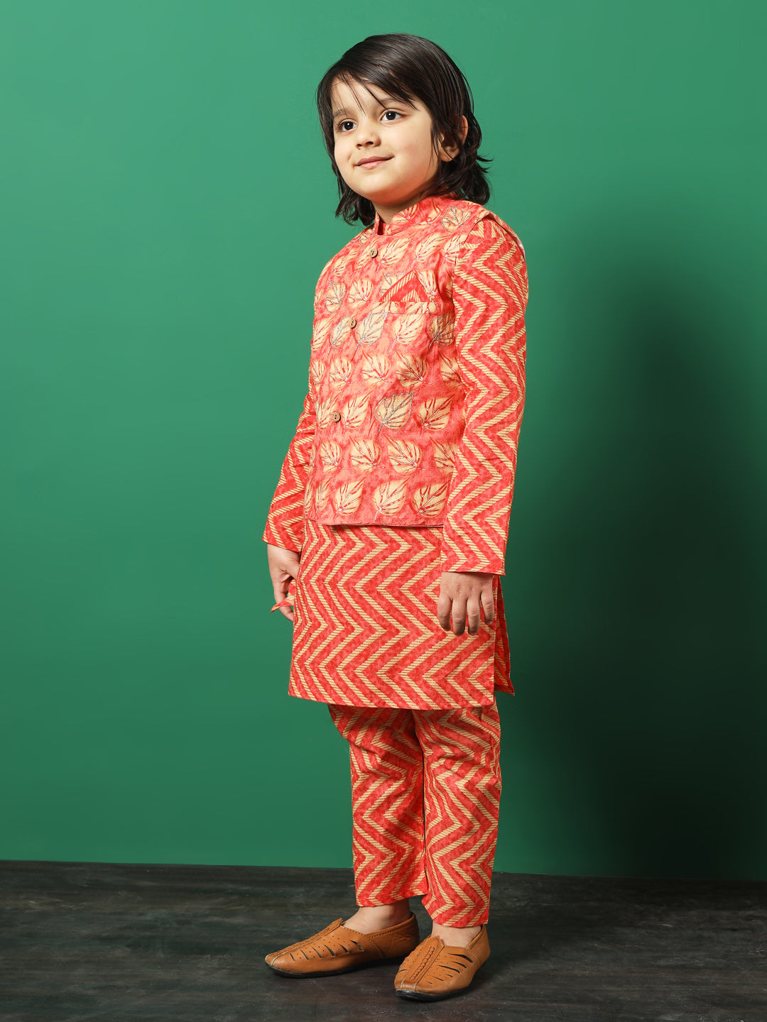 Straight Style Cotton Fabric Peach Color Printed Kurta And Pajama With Jacket