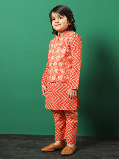 Straight Style Cotton Fabric Peach Color Printed Kurta And Pajama With Jacket