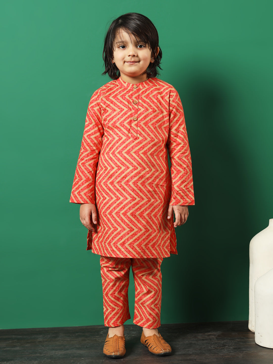Straight Style Cotton Fabric Peach Color Printed Kurta And Pajama With Jacket