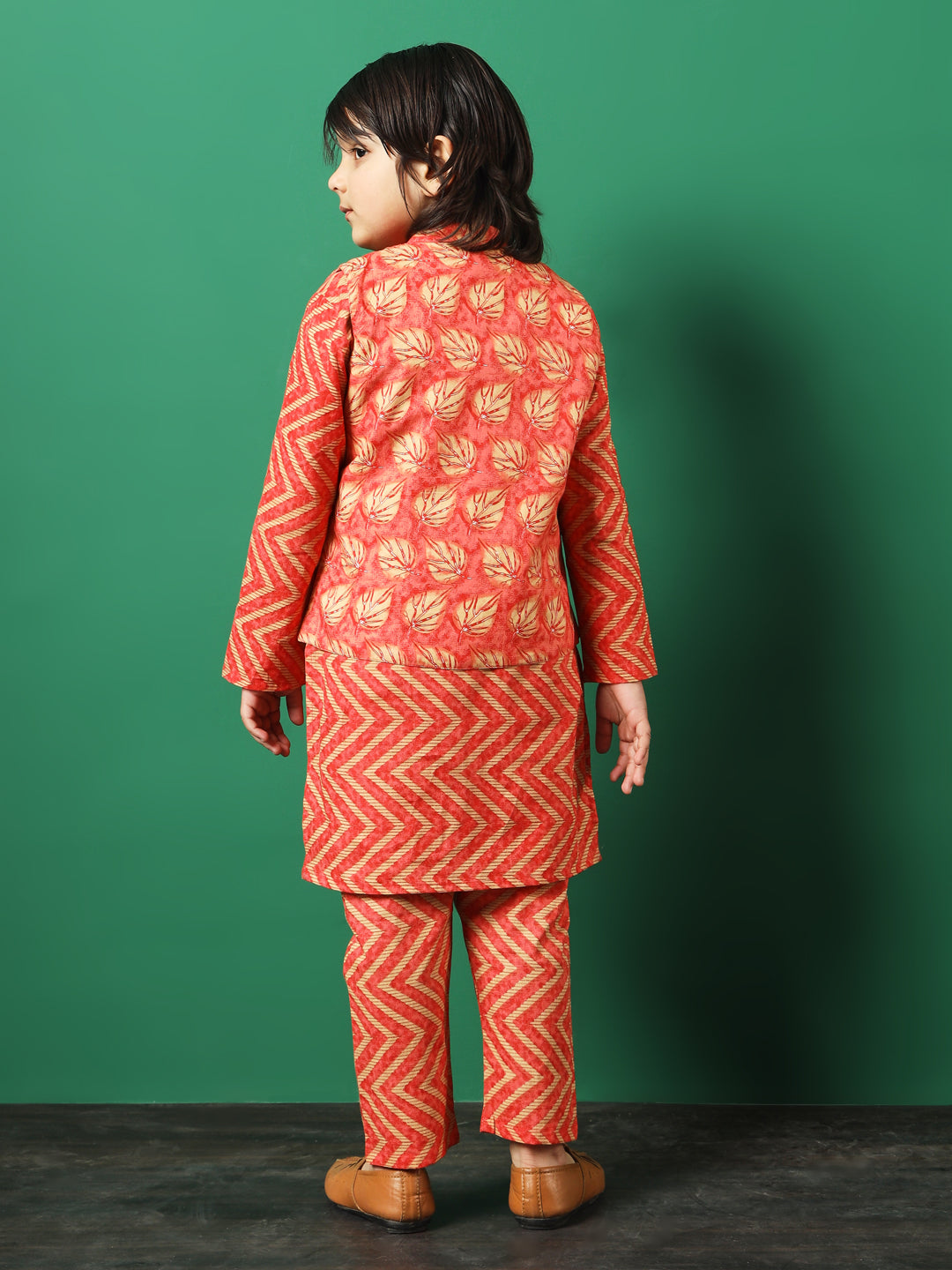 Straight Style Cotton Fabric Peach Color Printed Kurta And Pajama With Jacket