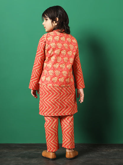 Straight Style Cotton Fabric Peach Color Printed Kurta And Pajama With Jacket