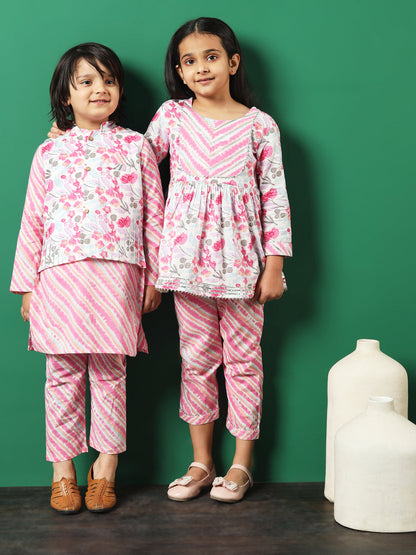 Straight Style Cotton Fabric Pink Color Floral Printed Kurta And Pajama With Jacket