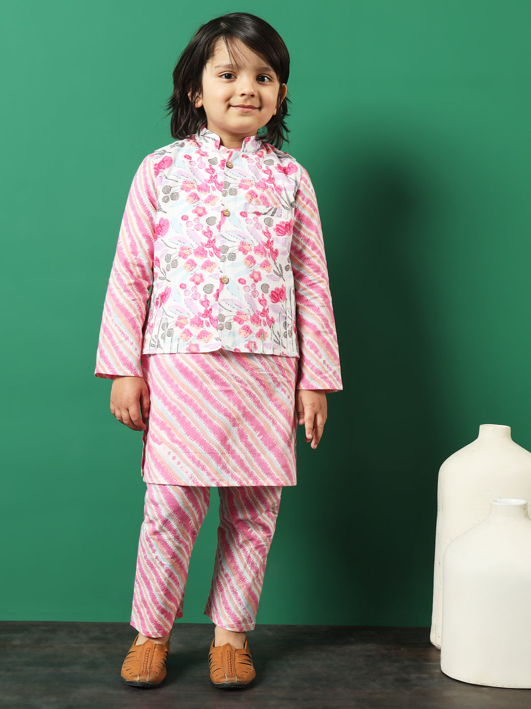 Straight Style Cotton Fabric Pink Color Floral Printed Kurta And Pajama With Jacket