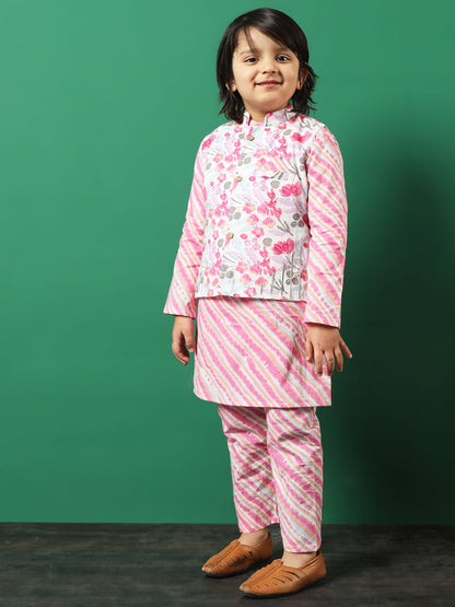 Straight Style Cotton Fabric Pink Color Floral Printed Kurta And Pajama With Jacket