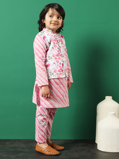 Straight Style Cotton Fabric Pink Color Floral Printed Kurta And Pajama With Jacket