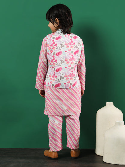 Straight Style Cotton Fabric Pink Color Floral Printed Kurta And Pajama With Jacket